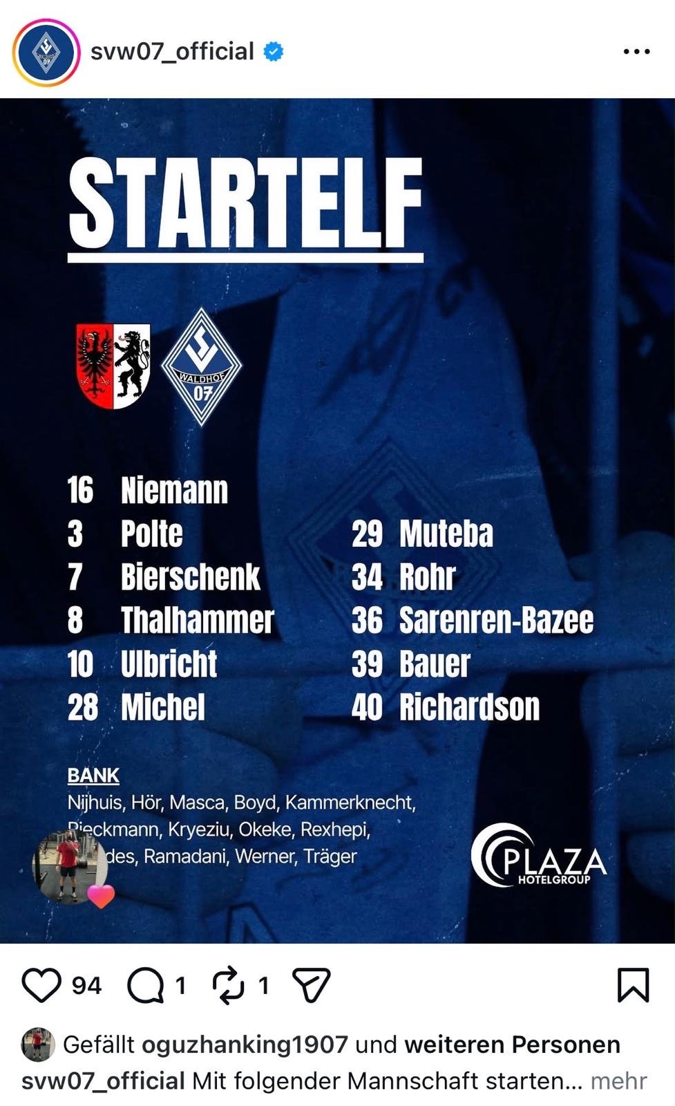 Official starting eleven graphic of SV Waldhof Mannheim showing number 40 Richardson